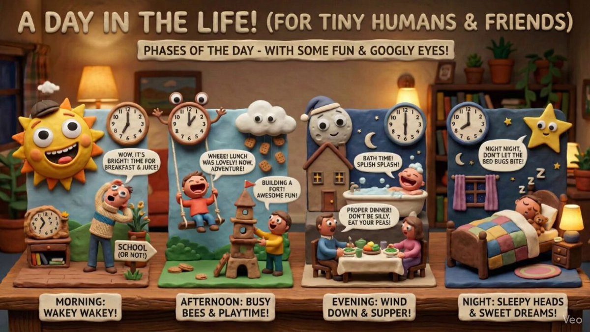 Claymation day phases infographic for kids — output 1
