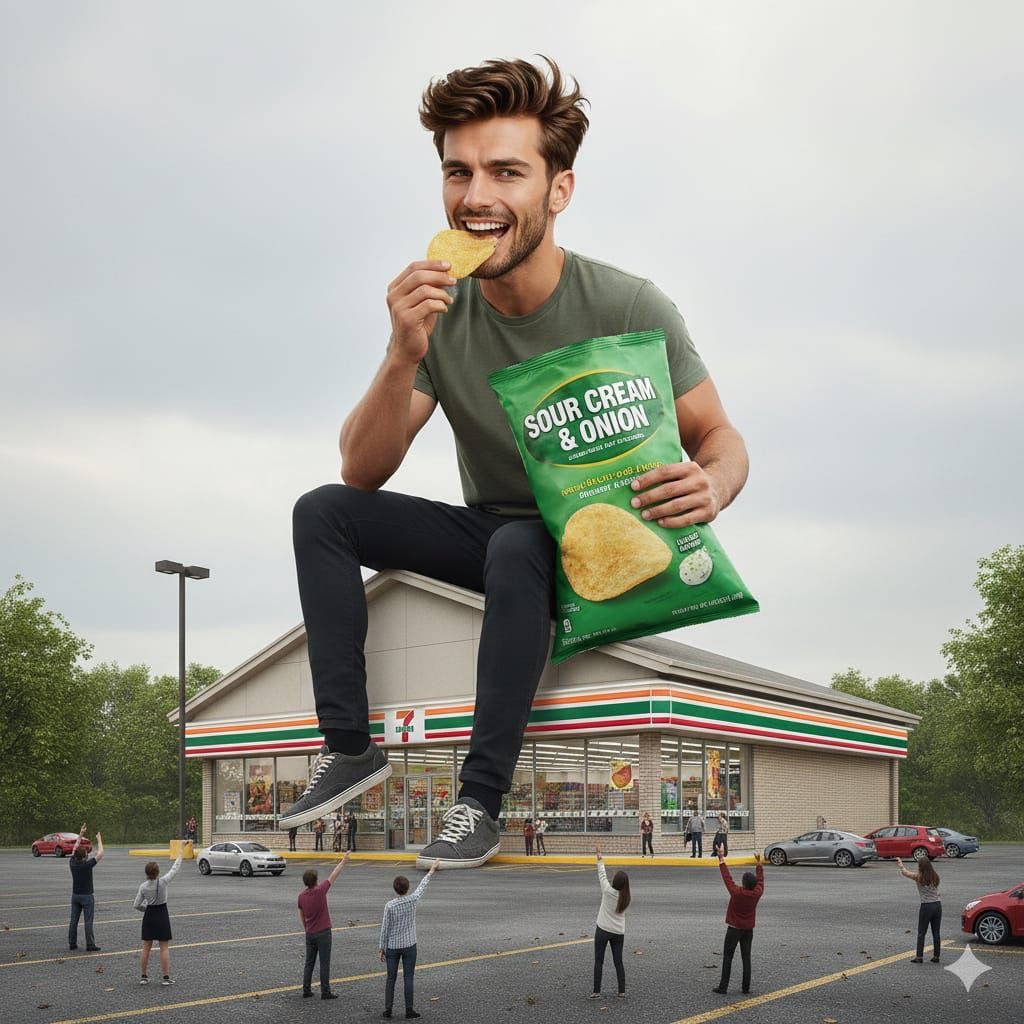 Surreal advertising scene of a giant man eating a cheeseburger — output 1