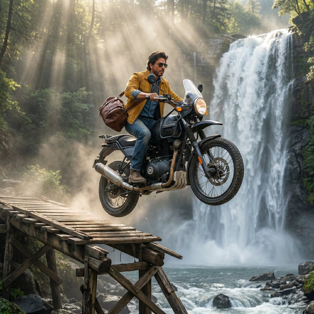 SRK Motorcycle Jump Action Shot Prompt — output 1