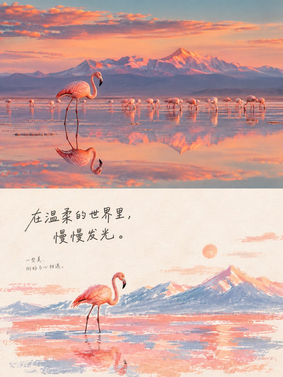 Social Media Post - Flamingo Sunset Photo & Watercolor Illustration — output 1