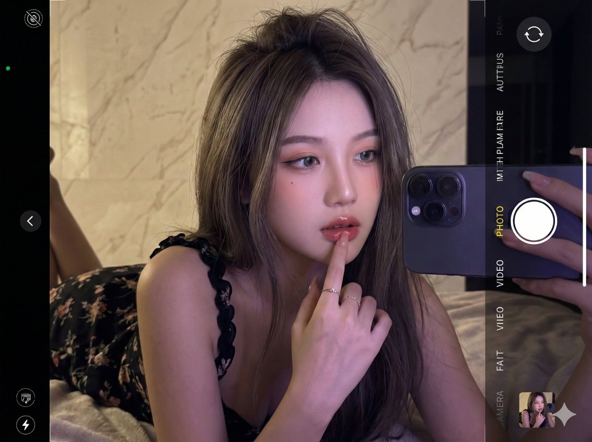 Ultra-realistic 16K selfie edit of a daydreaming girl on a blanket — output 1