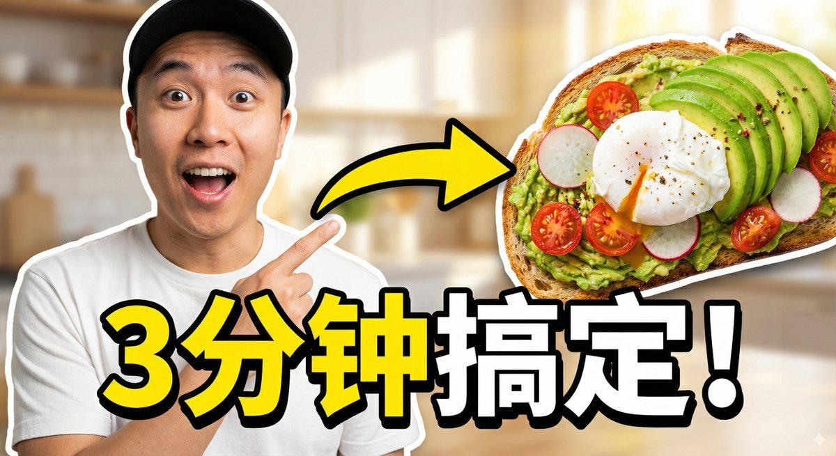 Viral Thumbnail: Excited pointing, avocado toast, “Done in 3 Minutes!” — output 1