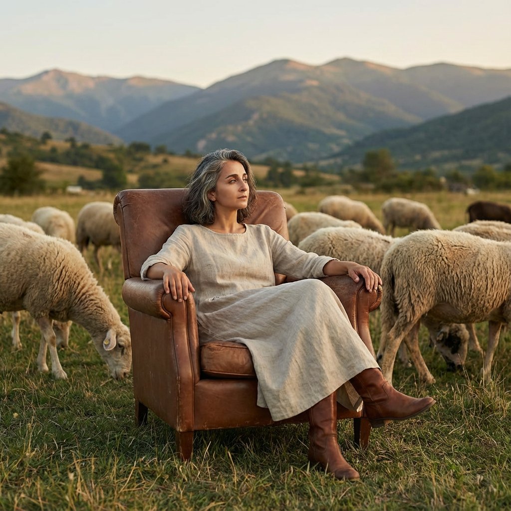 Editorial Photography of Woman in Armchair with Sheep — output 1