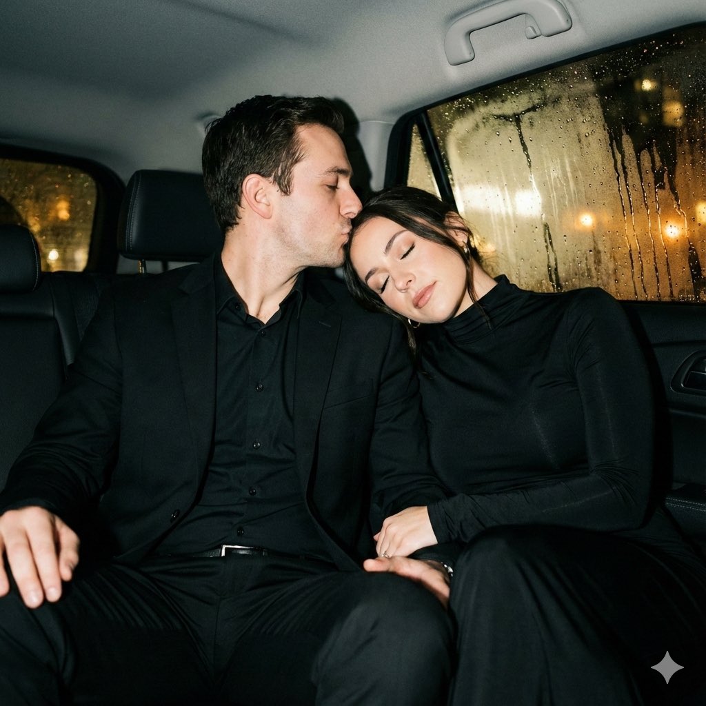 Y2K flash night car couple portrait prompt — output 1