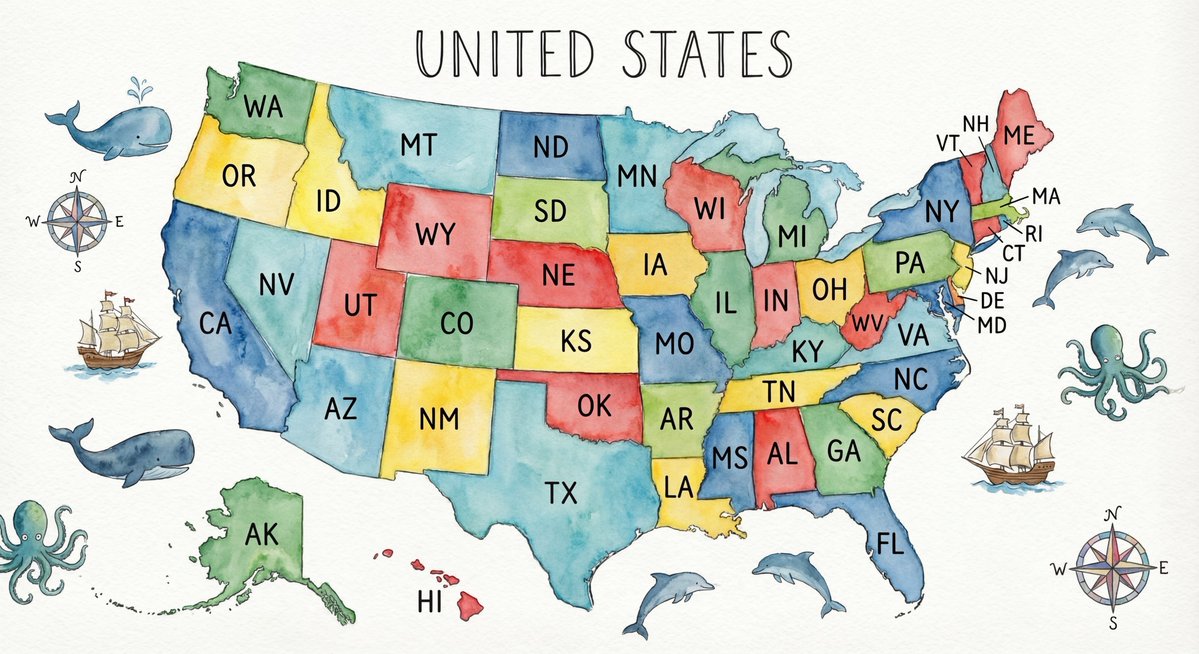 Watercolor US map with state abbreviations — output 1