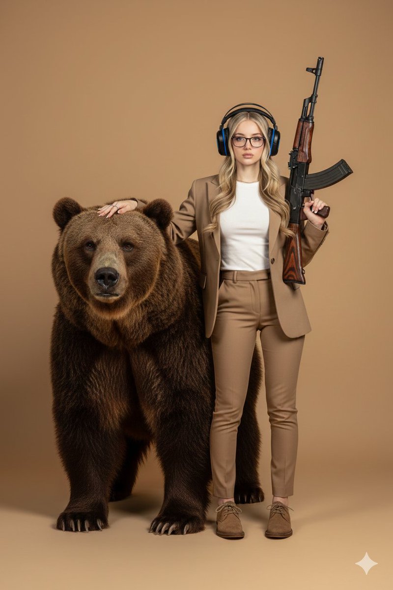 Surreal Studio Portrait with Grizzly Bear and Rifle — output 1
