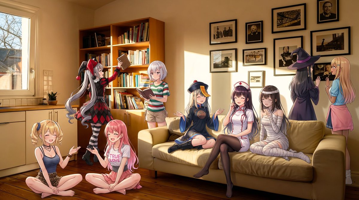 Nine-character group scene in living room background — output 1